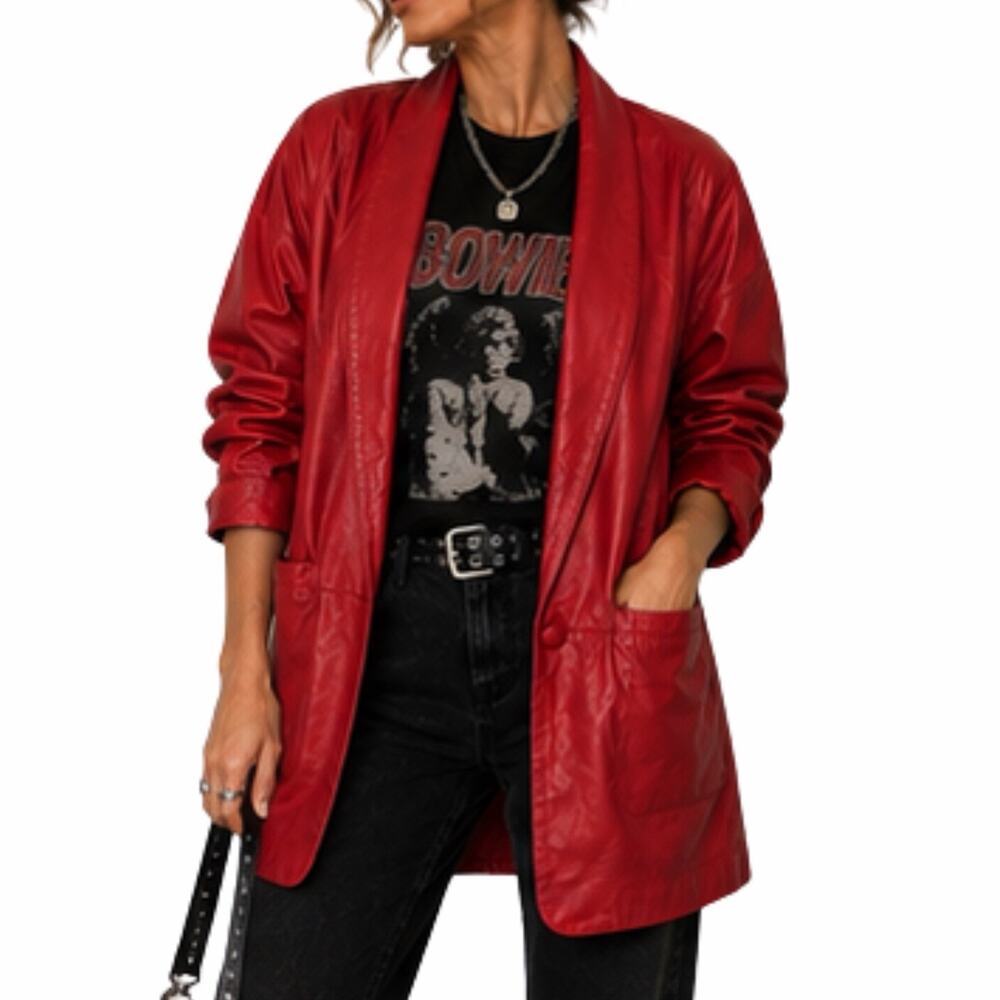 Vintage Tibor Red Leather Blazer Womens M Oversized Longline 80s Jacket